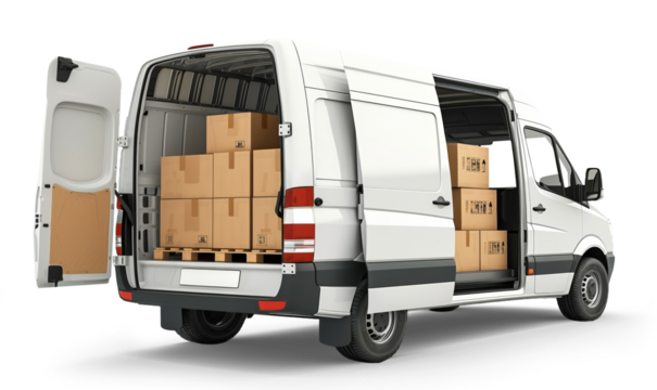 White cargo van with doors open and full of cardboard boxes for shipping, isolated on white or transparent background