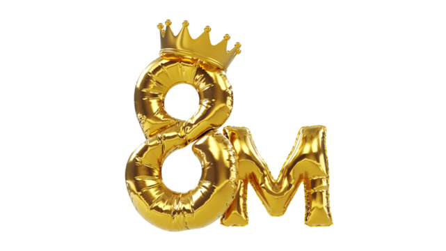 3D render of balloons golden number eight or 8 with gold king crown, followers concept