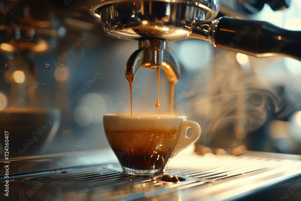 Poster a cup of coffee being poured into a coffee machine. can be used to showcase the process of making co
