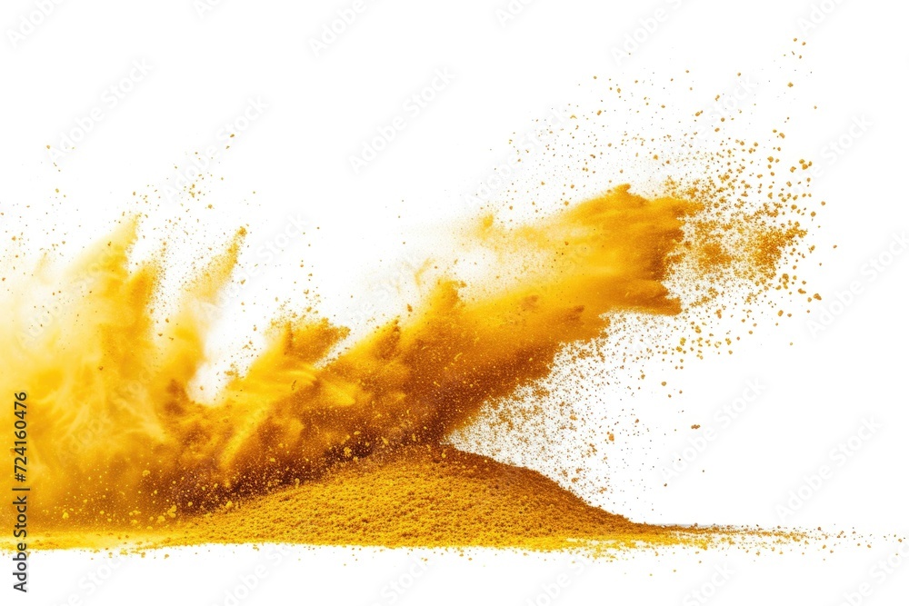 Poster a vibrant yellow powder explosion captured against a clean white background. perfect for adding a bu