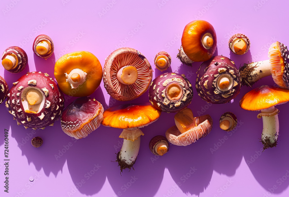 Poster mushrooms with studio light, cool tone. backdrop with selective focus and copy space