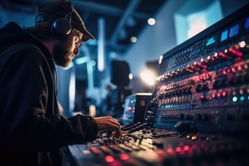 A man is sitting at a mixing desk wearing headphones. This image can be used to represent music...