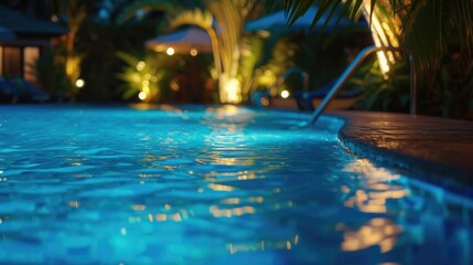 A picture of a pool with blue water and colorful lights. Perfect for advertising resorts, hotels, or summer parties
