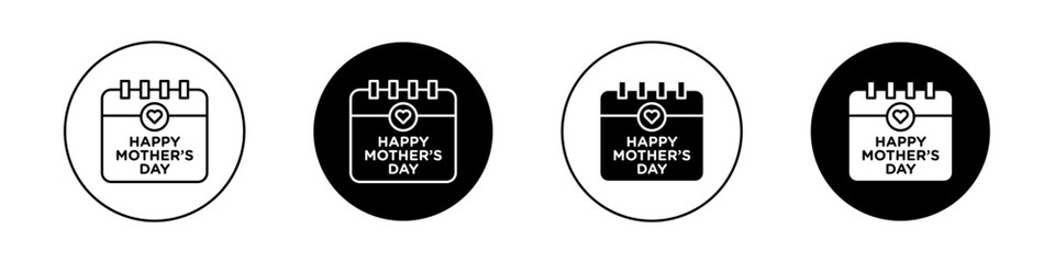 Mothers day calendar icon set. Women Mothers Day in a black filled and outlined style.