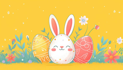 Cute Easter Eggs with Bunny Ears and Flowers - Ultra Creative Yellow Wallpaper