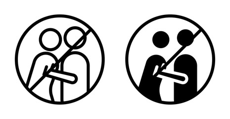 No hugs no kiss icon set. Ban Greeting and couple hug in a black filled and outlined style. No man can kiss woman sign.