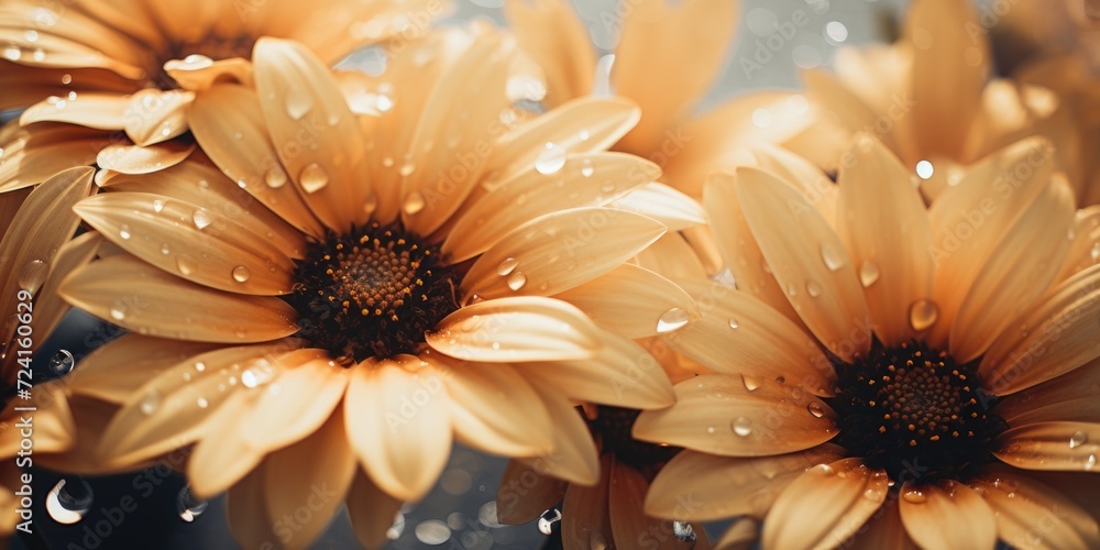 Poster a beautiful bunch of yellow flowers with sparkling water droplets. perfect for adding a touch of nat