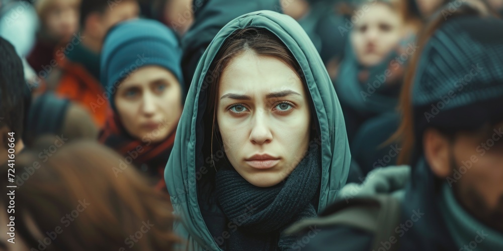Poster a woman wearing a hood stands out in a bustling crowd. versatile image suitable for various themes