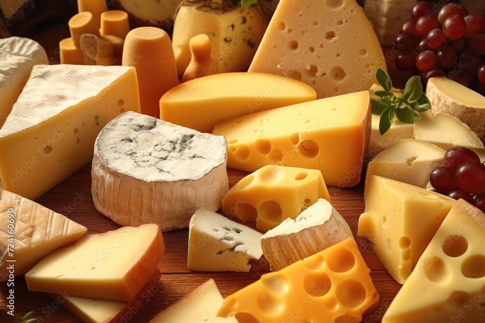 Poster a table displaying a variety of different types of cheese. perfect for food enthusiasts or culinary 