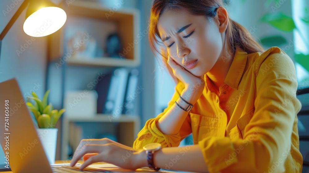 Poster a woman is sitting at a desk and using a laptop computer. this image can be used to depict technolog