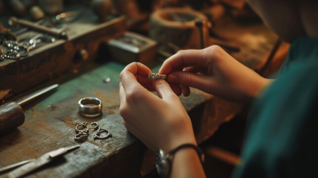 A woman diligently crafting a piece of jewelry. Perfect for showcasing craftsmanship and the art of jewelry making