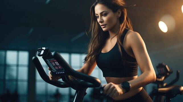 A woman is seen riding a stationary bike in a gym. This image can be used to depict fitness, exercise, and a healthy lifestyle