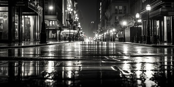 Fototapeta A black and white photo of a city street at night. Perfect for urban and night photography projects