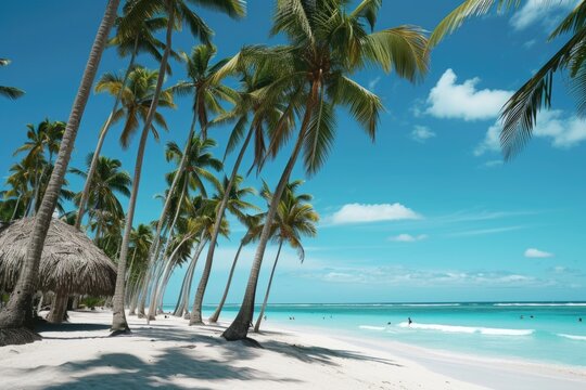 A serene sandy beach with palm trees and a traditional thatched hut. This picture can be used to depict a tropical vacation or a tranquil getaway destination
