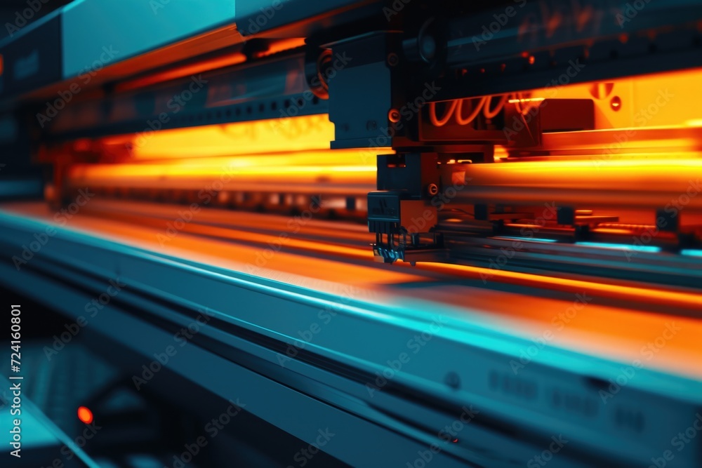 Poster a detailed view of a machine with bright orange lights. this image can be used to depict technology,