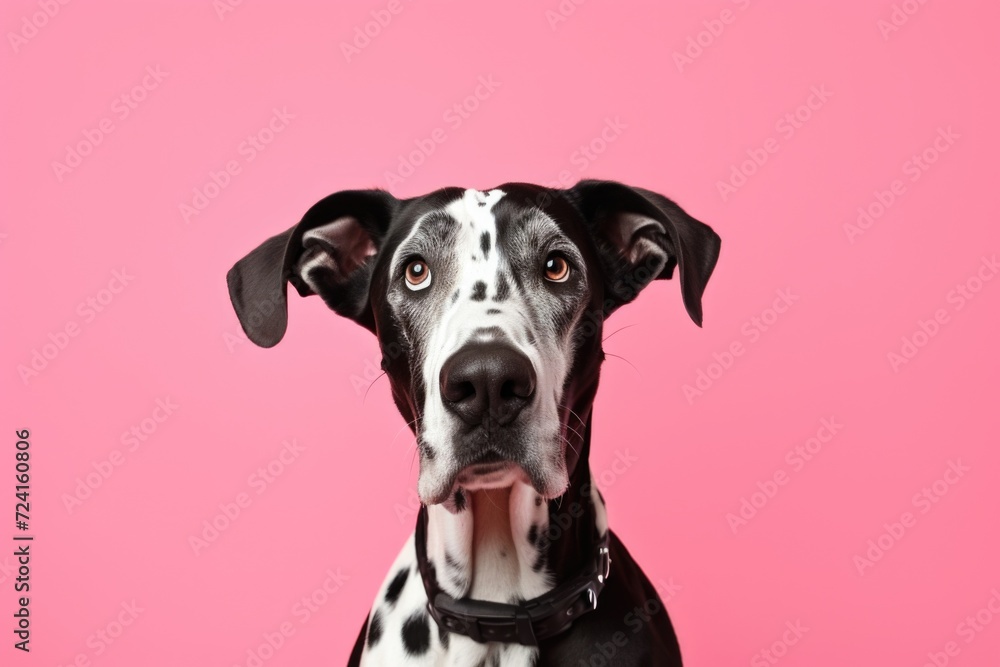 Poster a black and white dog is pictured against a vibrant pink background. this image can be used to add a