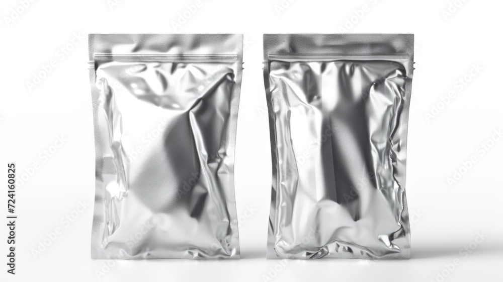 Poster two silver foil bags are placed on a white surface. this image can be used for product packaging or 
