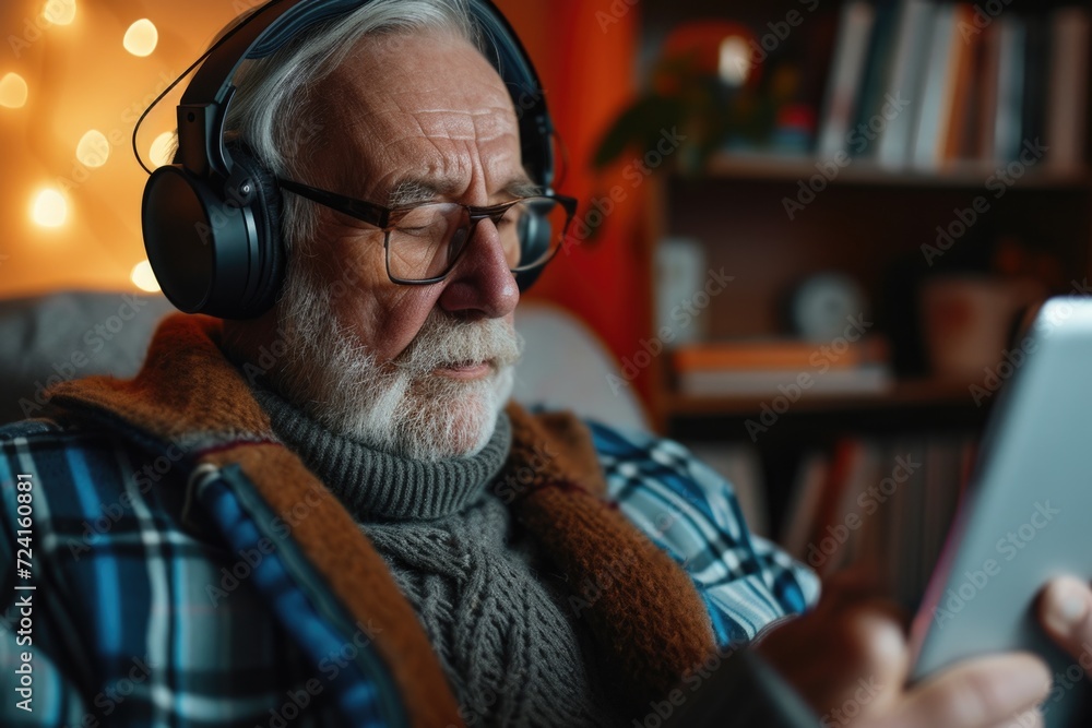 Poster a man wearing headphones is using a tablet. this versatile image can be used to represent technology