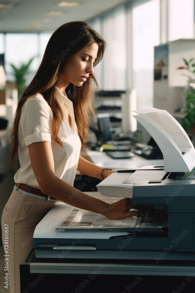 Aufkleber woman using a printer in an office. suitable for business and office-related projects