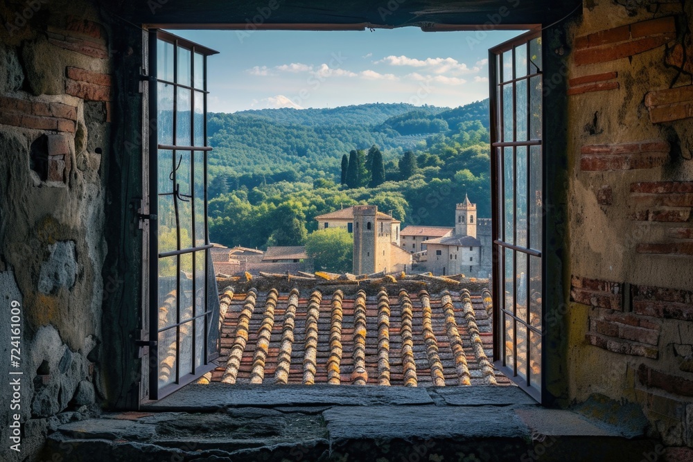 Poster A picturesque view of a village seen through an open window. Perfect for adding a touch of rustic charm to any project