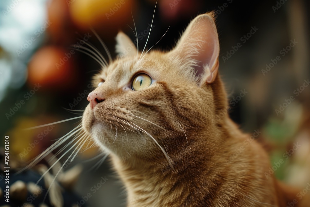 Poster A close-up photograph of a curious cat gazing upwards. Perfect for adding a touch of feline charm to any project or design