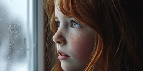 A young girl stands by a window, observing the rain outside. Suitable for illustrating emotions, weather, and indoor activities