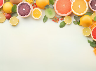 Pastel background clear, there are fresh citrus with limes, oranges,grapes,strawberries,mint,evenly distributed, ,flat lay.