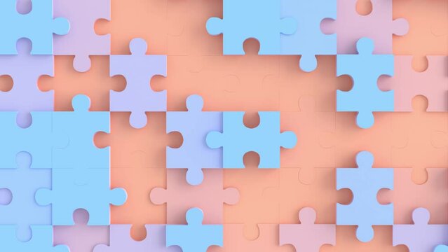 colorful jigsaw puzzle children fun related 3d background animation loop. can be used to represent blocks toy, puzzle pattern or table game education, preschool creativity