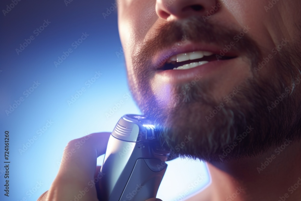 Poster a detailed shot of a person using a shaver. this image can be used to illustrate personal grooming o