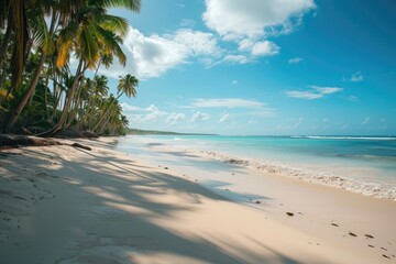 A sunny day at a sandy beach with palm trees. Perfect for tropical vacation concepts