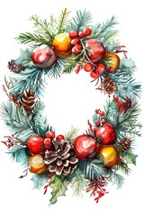 A beautiful watercolor painting of a Christmas wreath adorned with pine cones and berries. Perfect for holiday-themed designs and festive decorations