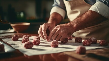 A man in an apron is making doughnuts on a table. This image can be used to showcase baking or cooking activities