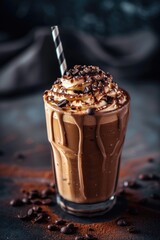 A delicious chocolate milkshake topped with creamy whipped cream and sprinkled with chocolate chips. Perfect for indulging in a sweet treat. Can be used for food and beverage related projects