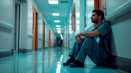 Tired surgeon - resting after surgery in hospital corridor - obrazy, fototapety, plakaty