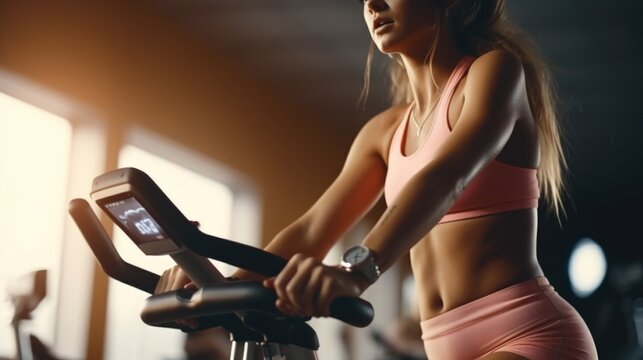 A woman is seen riding a stationary bike in a gym. This image can be used to depict fitness, exercise, and healthy lifestyle.