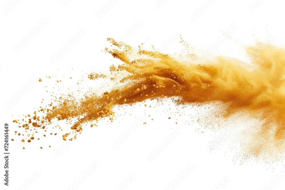 Poster a vibrant yellow powder explosion captured on a clean white background. perfect for adding a burst o