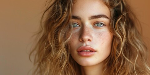 Close up of a woman with freckles on her face. Suitable for beauty, skincare, and natural beauty concepts - obrazy, fototapety, plakaty