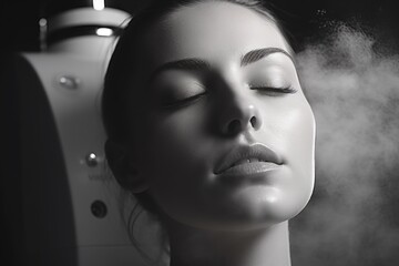 A woman with her eyes closed, experiencing a steam treatment. Suitable for spa and relaxation themes