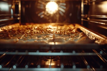 A pizza is baking in an oven with the light on. Perfect for food-related designs and advertisements