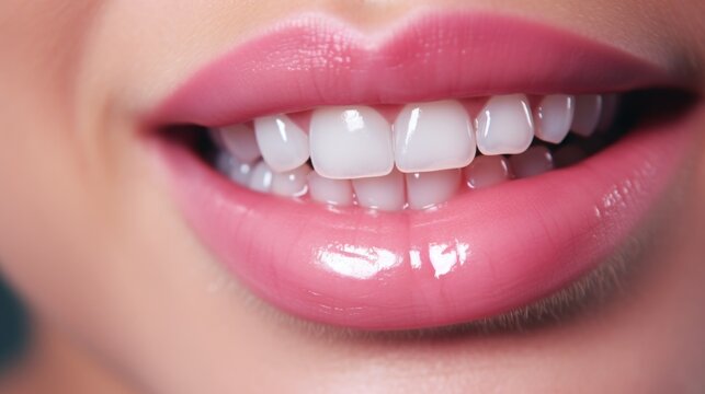 A close-up view of a person's mouth showcasing their white, healthy teeth. This image can be used to promote dental care or oral hygiene products