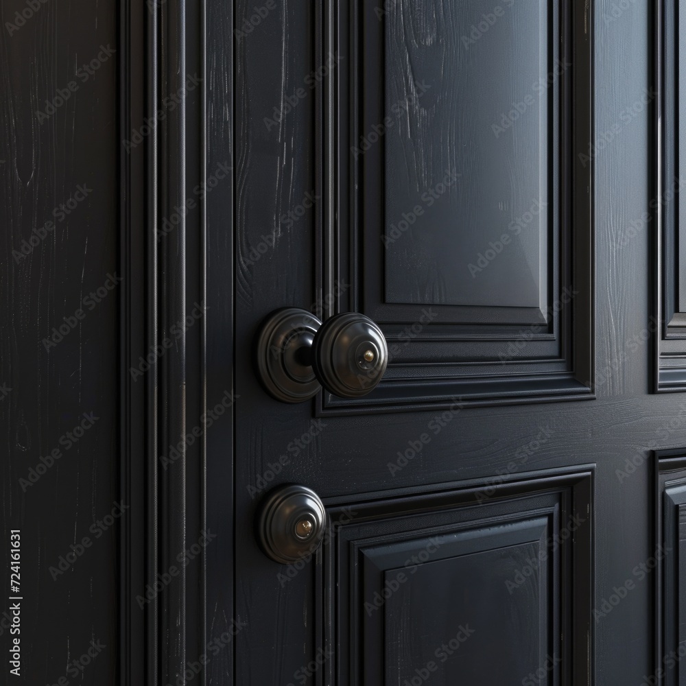 Poster a close-up view of a door handle on a black door. this image can be used to depict security, access,