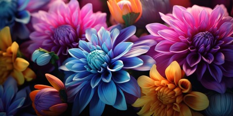 A close-up view of a bunch of vibrant and colorful flowers. This image can be used to add a pop of color and beauty to any design or project