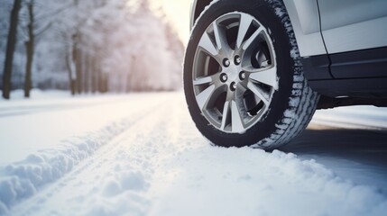 A detailed view of a tire on a snowy road. Suitable for winter driving, road conditions, and transportation themes