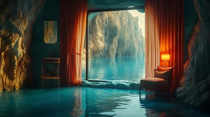 a room near the water overlooking a small cave