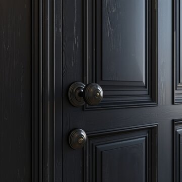 A close-up view of a door handle on a black door. This image can be used to depict security, access, or home improvement concepts