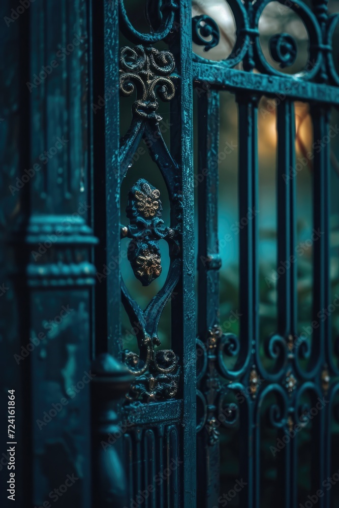 Poster A close-up view of a metal gate with a clock mounted on it. This image can be used to depict the concept of time, punctuality, or security