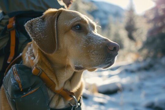 A brown dog is pictured wearing a backpack in the snow. This image can be used to depict outdoor adventures or pet-friendly activities