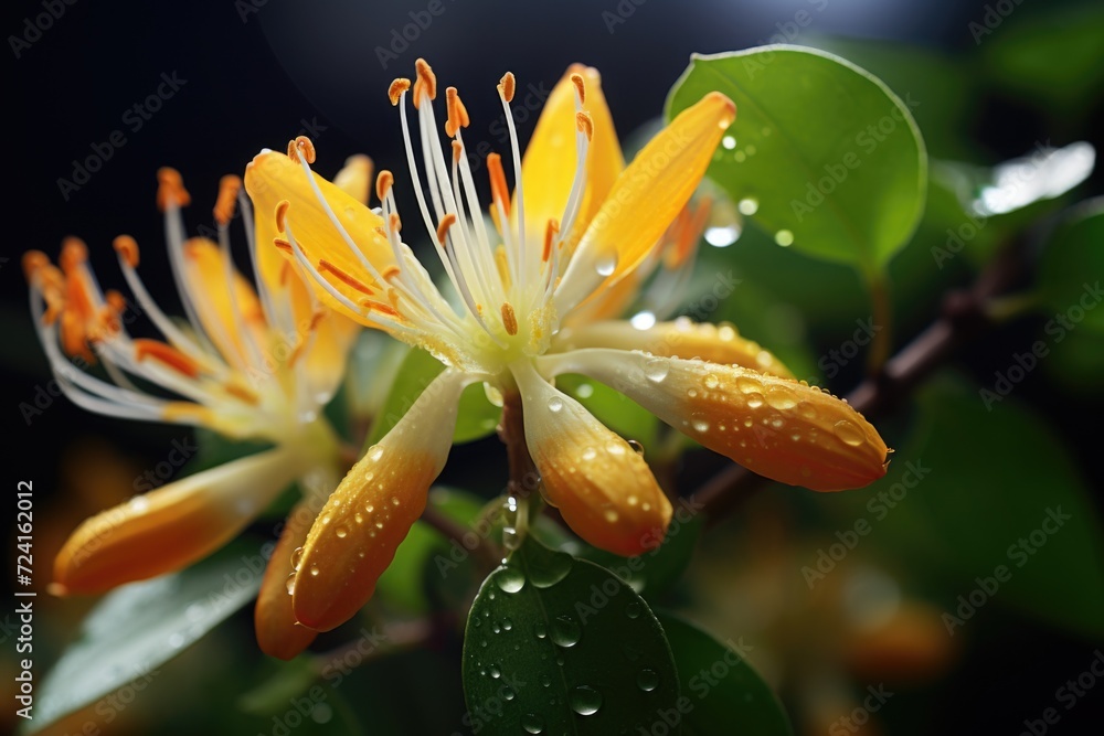 Poster a detailed view of a flower with sparkling water droplets. perfect for nature enthusiasts and botani