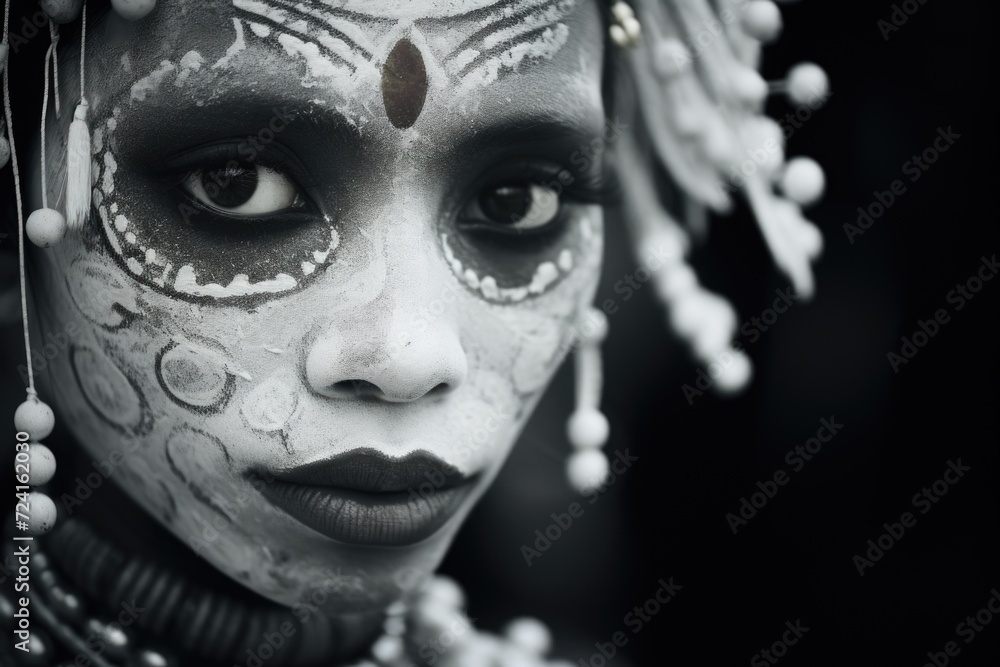 Poster a close-up shot of a person with face paint. this versatile image can be used for various purposes