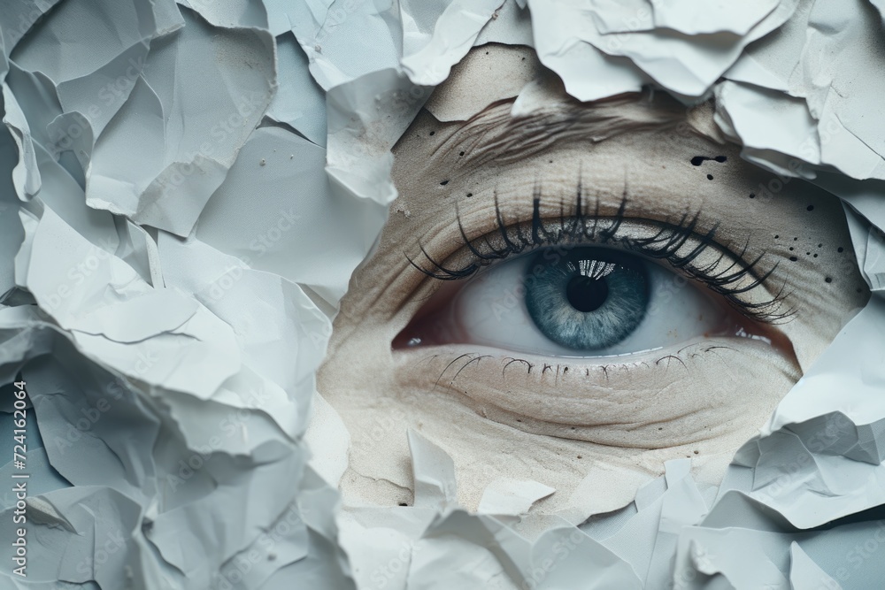 Aufkleber a close-up view of a person's eye with torn paper. this image can be used to represent concepts such